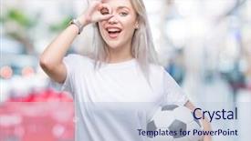  Presentation with blonde holding magnifying glass - Audience pleasing slides consisting of woman holding soccer football ball backdrop and a  colored foreground