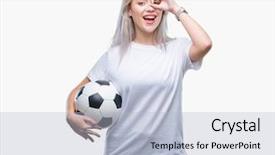  Presentation with blonde holding magnifying glass - Cool new slides with woman holding soccer football ball backdrop and a  colored foreground
