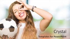  Presentation with eye ball dilated gif - PPT theme featuring woman holding soccer football ball background and a coral colored foreground