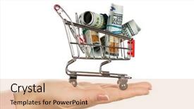  Presentation with supermarket trolley - Presentation design enhanced with woman holding supermarket trolley full of money isolated on white background and a coral colored foreground