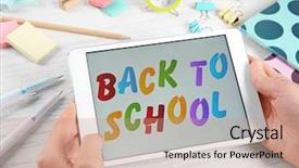  Presentation with hands holding black tablet - Presentation design featuring woman holding tablet and stationery background and a coral colored foreground