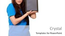  Presentation with tablet - Audience pleasing presentation consisting of woman-holding-tablet-isolated backdrop and a white colored foreground