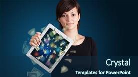  Presentation with hands holding black tablet - Presentation design enhanced with woman holding tablet with money background and a  colored foreground