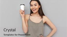  Presentation with cup coffee - Beautiful slide set featuring woman holding take away coffee backdrop and a light gray colored foreground