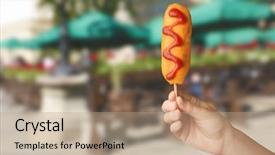  Presentation with corn dog - Cool new PPT theme with woman holding tasty corn dog backdrop and a coral colored foreground