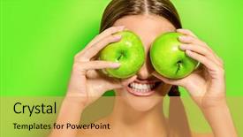  Presentation with healthy eating - PPT theme with woman holding two gren apple background and a yellow colored foreground