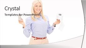  Presentation with toilet - Amazing PPT theme having woman holding two rolls of toilet paper isolated on white background backdrop and a white colored foreground