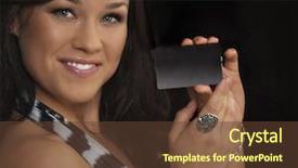  Presentation with vip - Cool new PPT theme with woman holding up business card backdrop and a tawny brown colored foreground