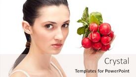  Presentation with white healthy food - PPT theme with woman holding vegetables healthy food concept isolated on white background and a lemonade colored foreground