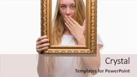  Presentation with vintage art - Slide deck with woman holding vintage frame art background and a soft green colored foreground