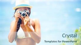  Presentation with summer camp pictures - Cool new slide set with woman holding vintage retro camera backdrop and a sky blue colored foreground