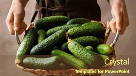  Presentation with cucumbers - Beautiful PPT theme featuring woman holding wicker basket with many green fresh cucumbers closeup backdrop and a tawny brown colored foreground