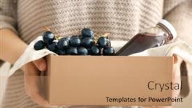  Presentation with grape juice - Theme having woman holding wooden crate with grape and delicious juice in bottle background and a coral colored foreground