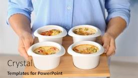  Presentation with stand - Colorful slide deck enhanced with woman holding wooden stand with broccoli casserole on light background backdrop and a coral colored foreground