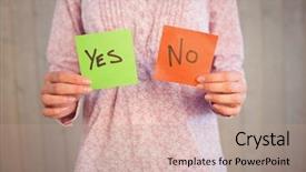  Presentation with yes - PPT theme enhanced with woman holding yes and no background and a coral colored foreground