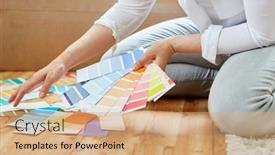  Presentation with color - Audience pleasing PPT theme consisting of woman-holds-a-color-fan backdrop and a coral colored foreground