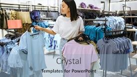  Presentation with clothing - Audience pleasing PPT theme consisting of woman-holds-clothes-on-hanger backdrop and a light blue colored foreground