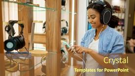  Presentation with components - Audience pleasing theme consisting of woman-holds-headphones-in-audio backdrop and a red colored foreground