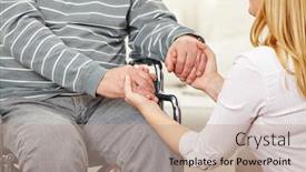  Presentation with senior citizen - Slide set with woman-holds-the-two-hands background and a coral colored foreground