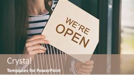  Presentation with wooden - Beautiful slide deck featuring woman-holds-the-wooden-sign backdrop and a coral colored foreground