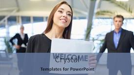  Presentation with welcome to worship - Presentation design with woman-holds-welcome-sign background and a ocean colored foreground