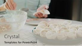  Presentation with dumpling - Cool new PPT theme with woman-homemade-meat-dumpling backdrop and a light gray colored foreground