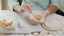  Presentation with dumpling - Beautiful theme featuring woman-homemade-meat-dumpling backdrop and a light gray colored foreground