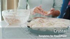  Presentation with dumpling - Slide set featuring woman-homemade-meat-dumpling background and a gray colored foreground