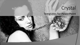  Presentation with black cross - Theme with woman hostage - concept religious slavery or devotion background and a light gray colored foreground