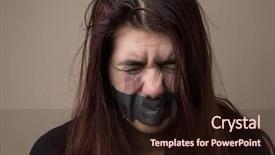  Presentation with tape - Audience pleasing PPT theme consisting of woman hostage with gray tape backdrop and a wine colored foreground