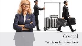  Presentation with luggage - Presentation theme consisting of woman-hotel-manager-posing background and a light gray colored foreground