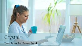  Presentation with online shopping - Amazing slides having woman-housewife-at-home backdrop and a light blue colored foreground