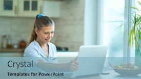  Presentation with online shopping - Slides having woman-housewife-at-home background and a light blue colored foreground