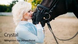  Presentation with horse riding - Colorful slide deck enhanced with woman hugs her horse friendship backdrop and a  colored foreground