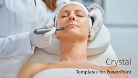  Presentation with needle - PPT theme consisting of woman-in-a-beauty-salon background and a coral colored foreground