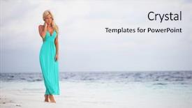  Presentation with ocean clear water deep blue - Audience pleasing presentation design consisting of woman in a blue dress backdrop and a  colored foreground