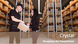  Presentation with distribution - PPT theme featuring woman in a distribution warehouse background and a coral colored foreground