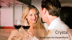  Presentation with man vs woman - PPT theme having woman in a hotel bar background and a coral colored foreground