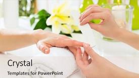  Presentation with nail salon - Audience pleasing PPT theme consisting of woman in a nail salon receiving a manicure by a beautician backdrop and a lemonade colored foreground