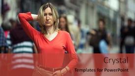  Presentation with pedestrian - PPT theme enhanced with woman in a red blouse posing on a pedestrian street background and a red colored foreground
