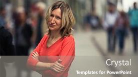  Presentation with pedestrian - Presentation consisting of woman in a red blouse posing on a pedestrian street background and a gray colored foreground