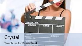  Presentation with clapper - Cool new PPT layouts with woman in a red dress holding clapper board indoor backdrop and a light blue colored foreground