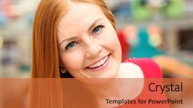  Presentation with real woman hair texture human - PPT theme consisting of woman in a red jumper background and a  colored foreground