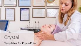  Presentation with beautician - Colorful slide set enhanced with woman-in-a-spa-salon backdrop and a coral colored foreground