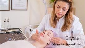  Presentation with beautician - Slide set featuring woman-in-a-spa-salon background and a coral colored foreground
