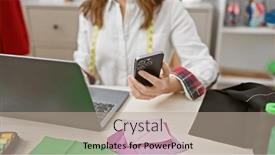  Presentation with smartphone - PPT theme enhanced with woman-in-a-tailor-shop and a mint green colored foreground