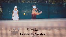  Presentation with tennis - Amazing PPT layouts having woman-in-a-tennis-double backdrop and a coral colored foreground