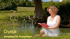  Presentation with stream - Slide set featuring woman in a white dress sat by a stream reading a book on a bright summers day background and a tawny brown colored foreground