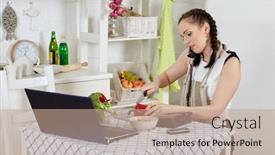  Presentation with remote work - Cool new PPT theme with woman-in-an-apron backdrop and a coral colored foreground