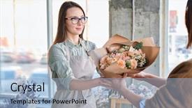  Presentation with giving to god - Colorful theme enhanced with woman in apron and eyeglasses backdrop and a light blue colored foreground